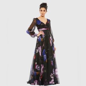Mac Duggal Floral Print Chiffon Long Sleeve Maxi Dress 67872